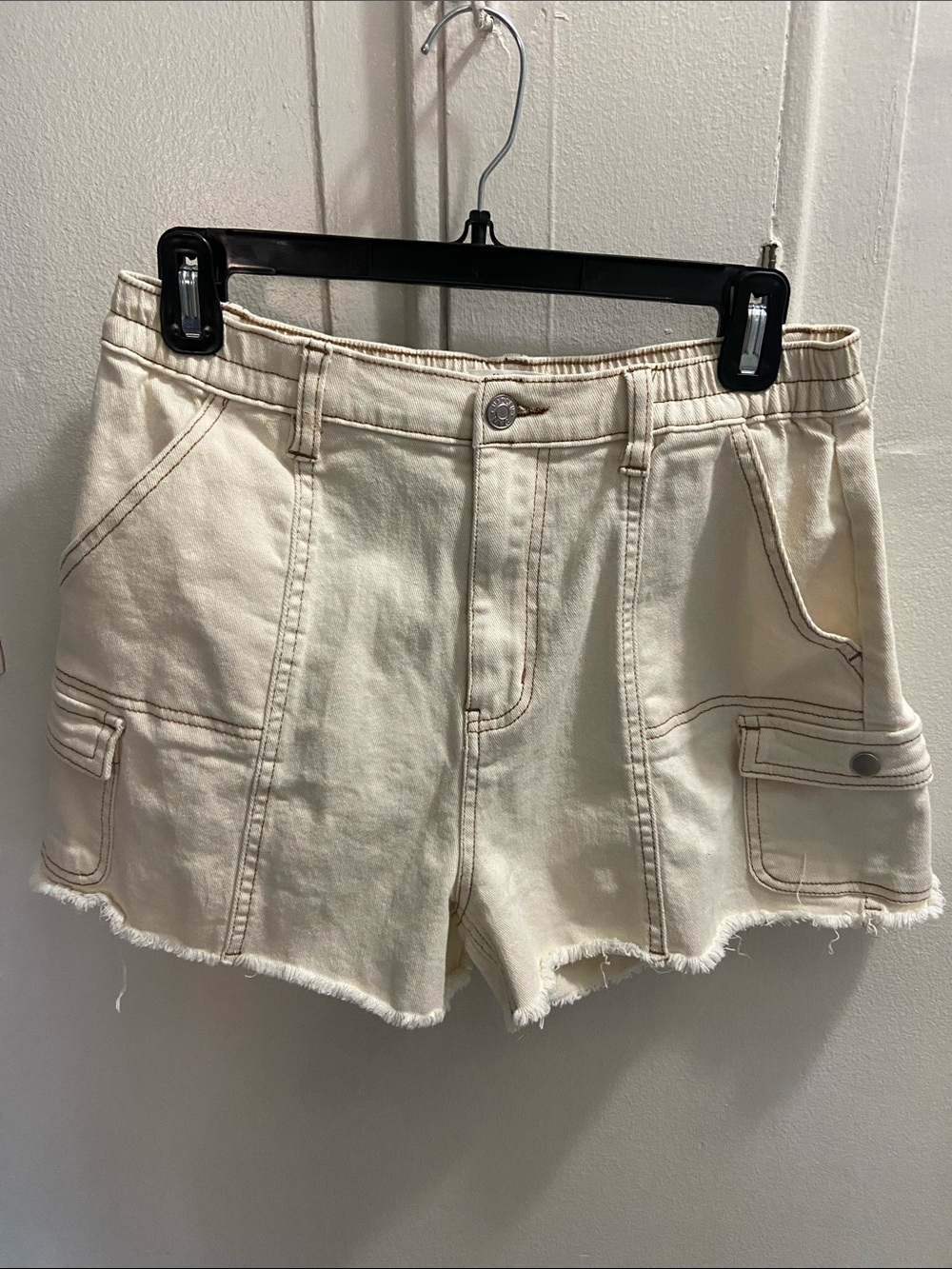 High-Rise Cream Cargo Shorts with Frayed Hem